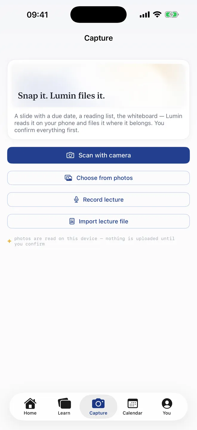 The Capture tab: scan with camera, choose from photos, record a lecture, import a file
