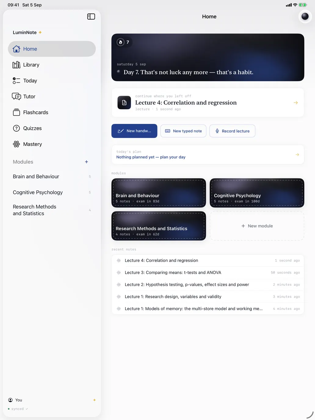 The iPad Home in the Onyx vibe: sidebar, greeting, quick actions, module cards