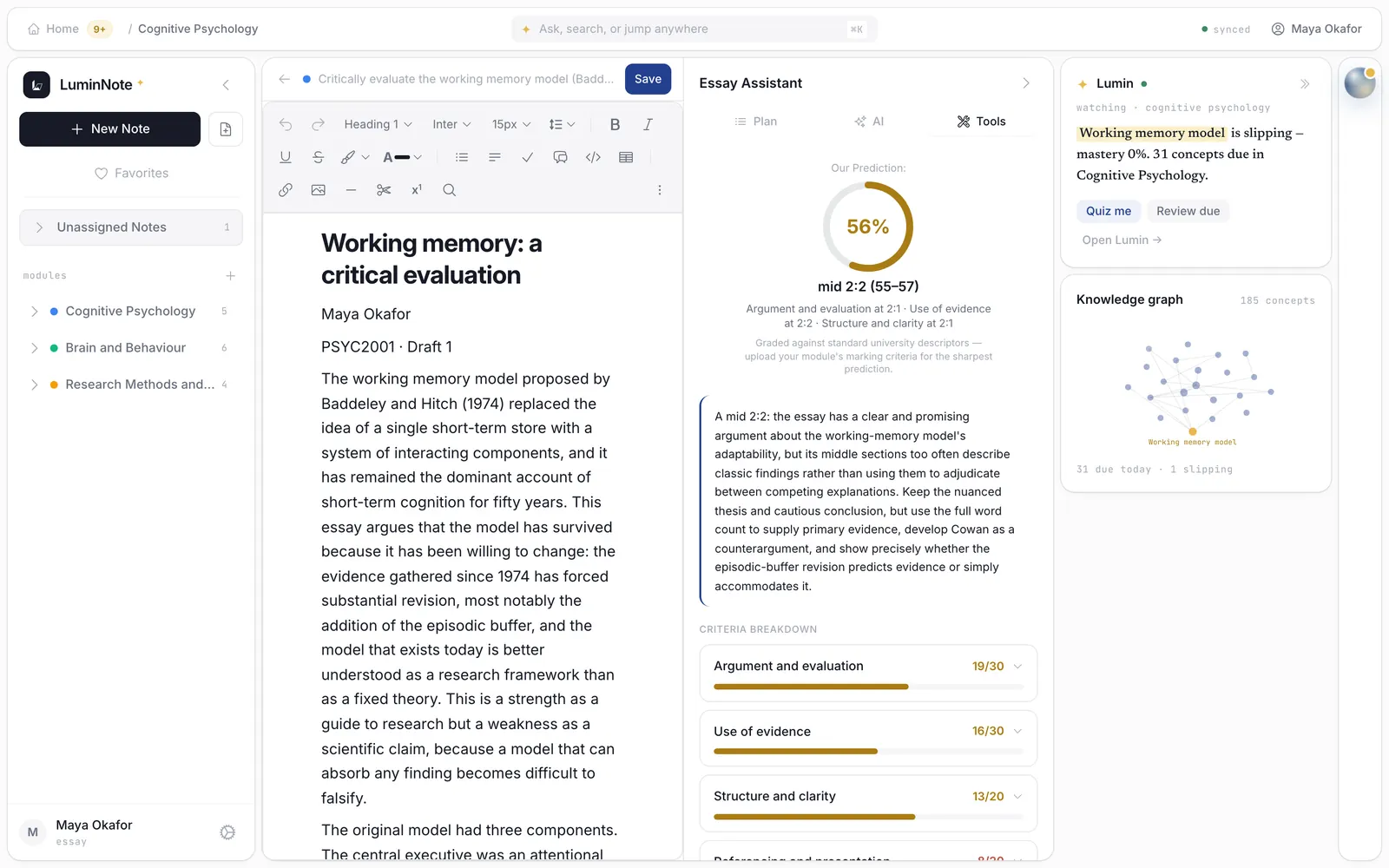 The grade result: a predicted band, one paragraph of feedback, and marks per criterion