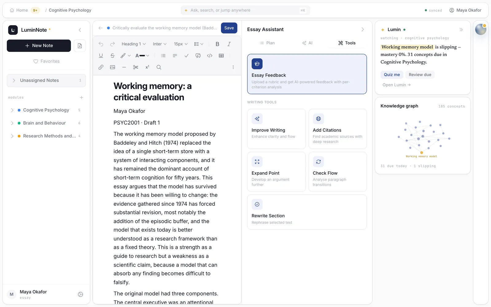 The Tools tab: Improve Writing, Expand Point, Rewrite Section, Check Flow, Grade Essay, Deep Research