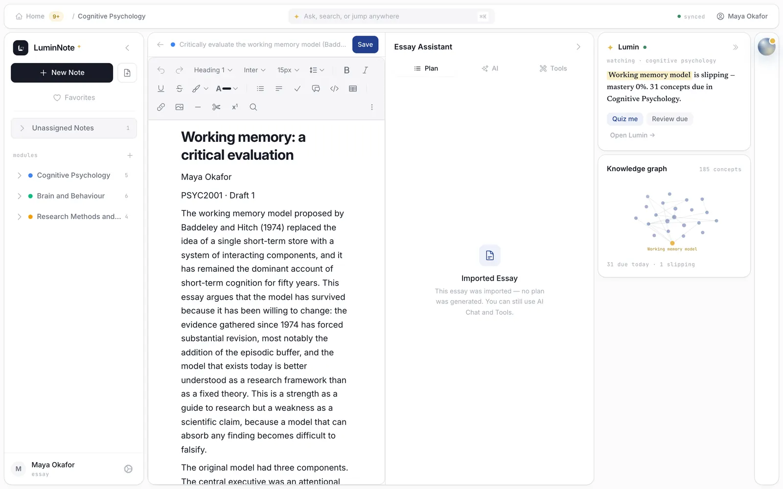 Essay Builder: the essay on the left, the assistant sidebar with Tools on the right