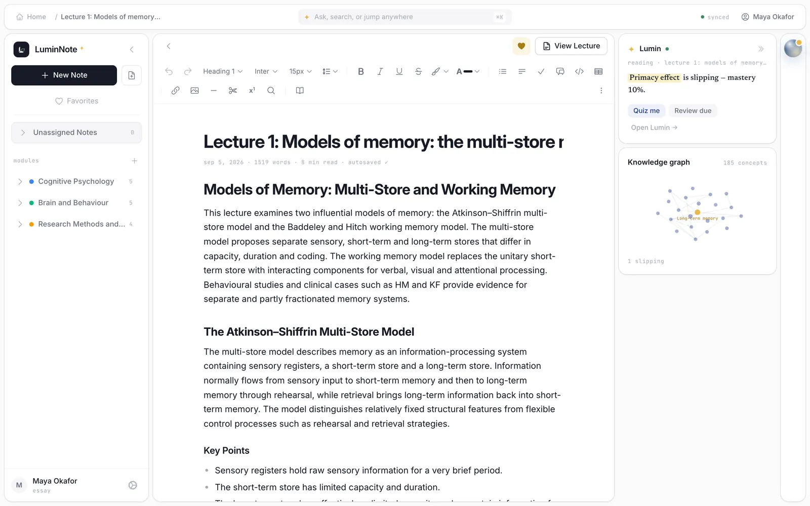A lecture note generated from an uploaded PDF: title, overview, headed sections, key points