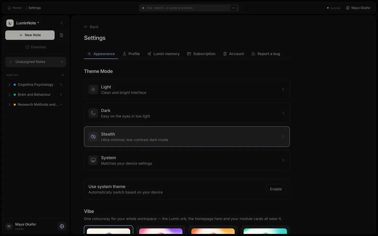 Settings in stealth mode