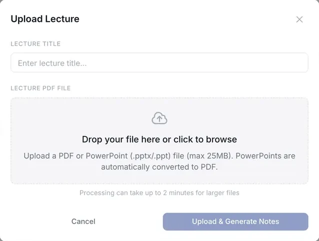 The upload dialog: drop a PDF or PowerPoint